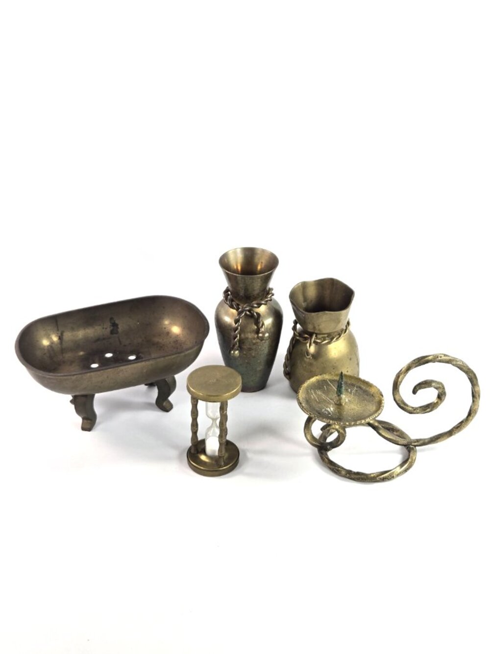 Vintage Brass Decor Lot Soap Dish Mini Vases Sand Timer Candle Holder